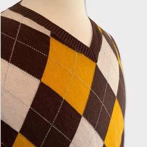 Banana Republic Argyle Chocolate Gold Cream Cotton Cashmere V-Neck Sweater Med